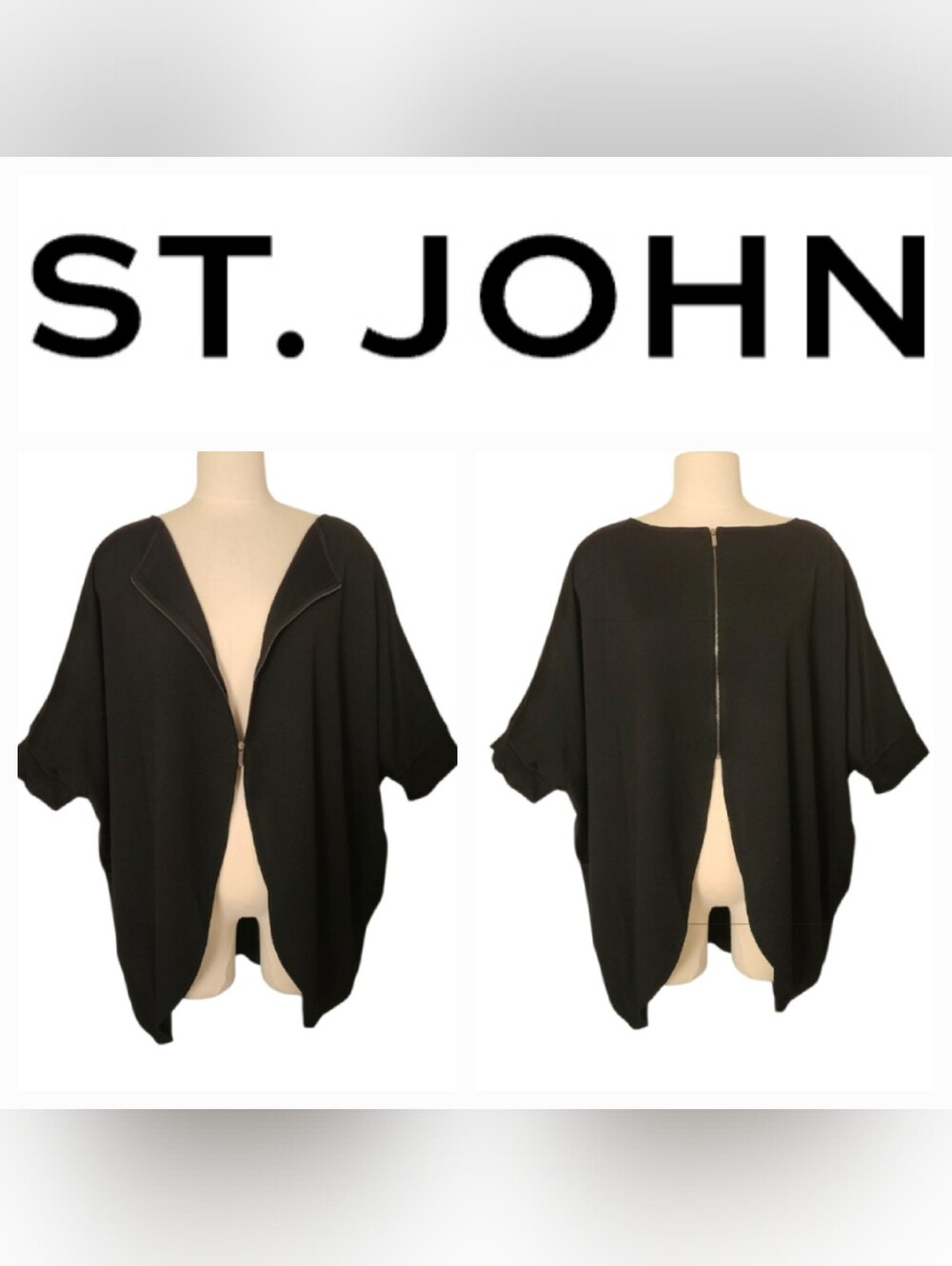 St. John Milano Knit Batwing Zip Front Cardigan Caviar Black Sz S-L